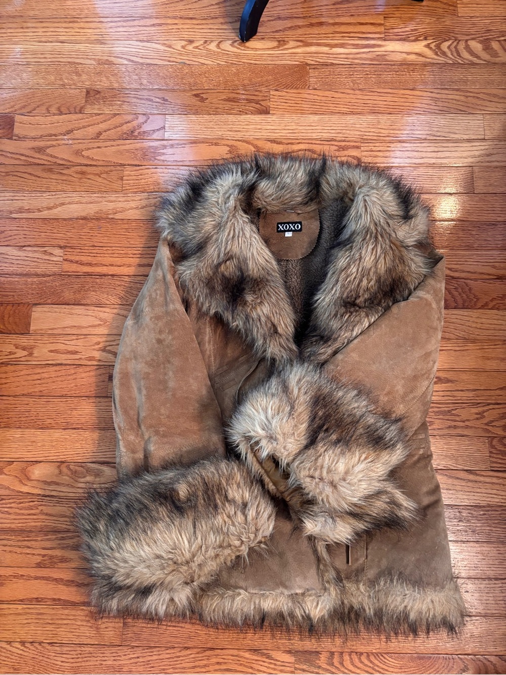 XOXO Tan Suede Penny Lane Teddy Jacket with Faux Fur Trim.Y2K.western.ski wear